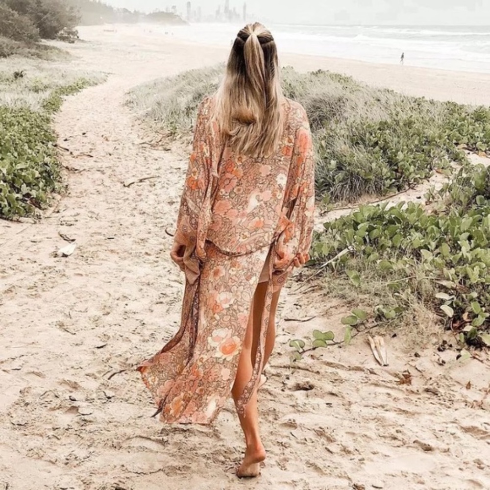 Pink Bohemian Floral Maxi Duster Kimono Wrap Robe